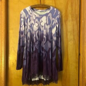 LOGO Lori Goldstein Artsy Tunic Top-Slinky-Purple Abstract-Lace Hem-Sz M